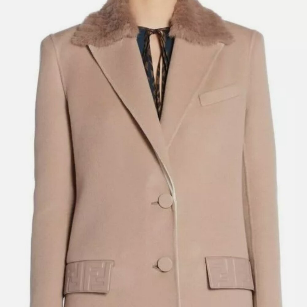 NEW FENDI Mink Fur-Trim Cashmere Coat Size 44 With Fendi Hanging Bag and Hanger